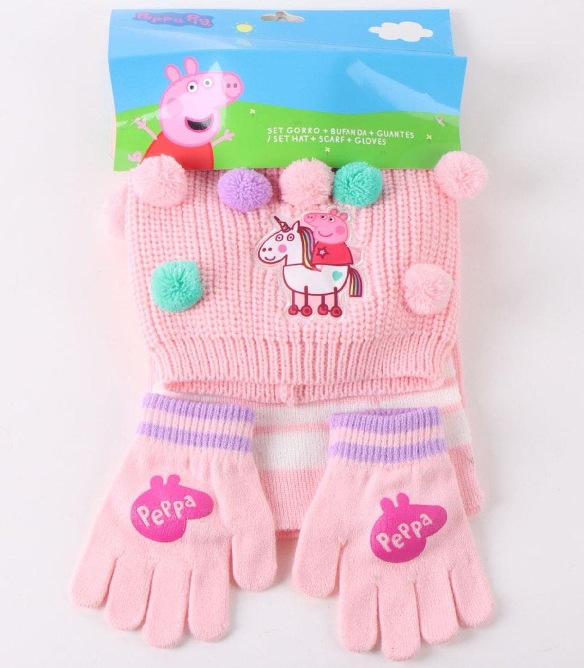 CHILDREN'S HAT WITH POM POMS, SCARF AND GLOVES PEPPA PIG Cerda