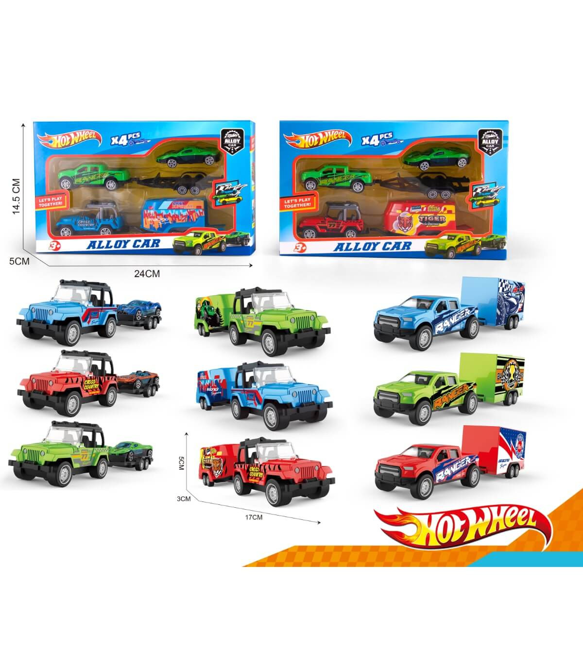 3 METAL CARS WITH TRAILER IN BOX Armtoys