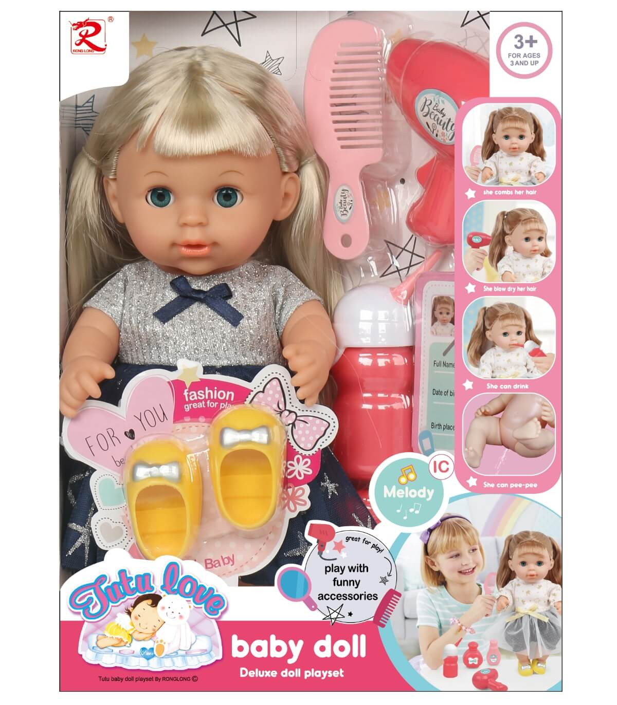 FLASHING DOLL WITH BLINKING EYES AND BLUE DRESS SLIPPERS Armtoys