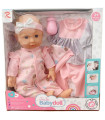DOLL BABY WITH GREEN OVERALL + 10 SOUNDS AND ADDITIONAL CLOTHING 35 CM