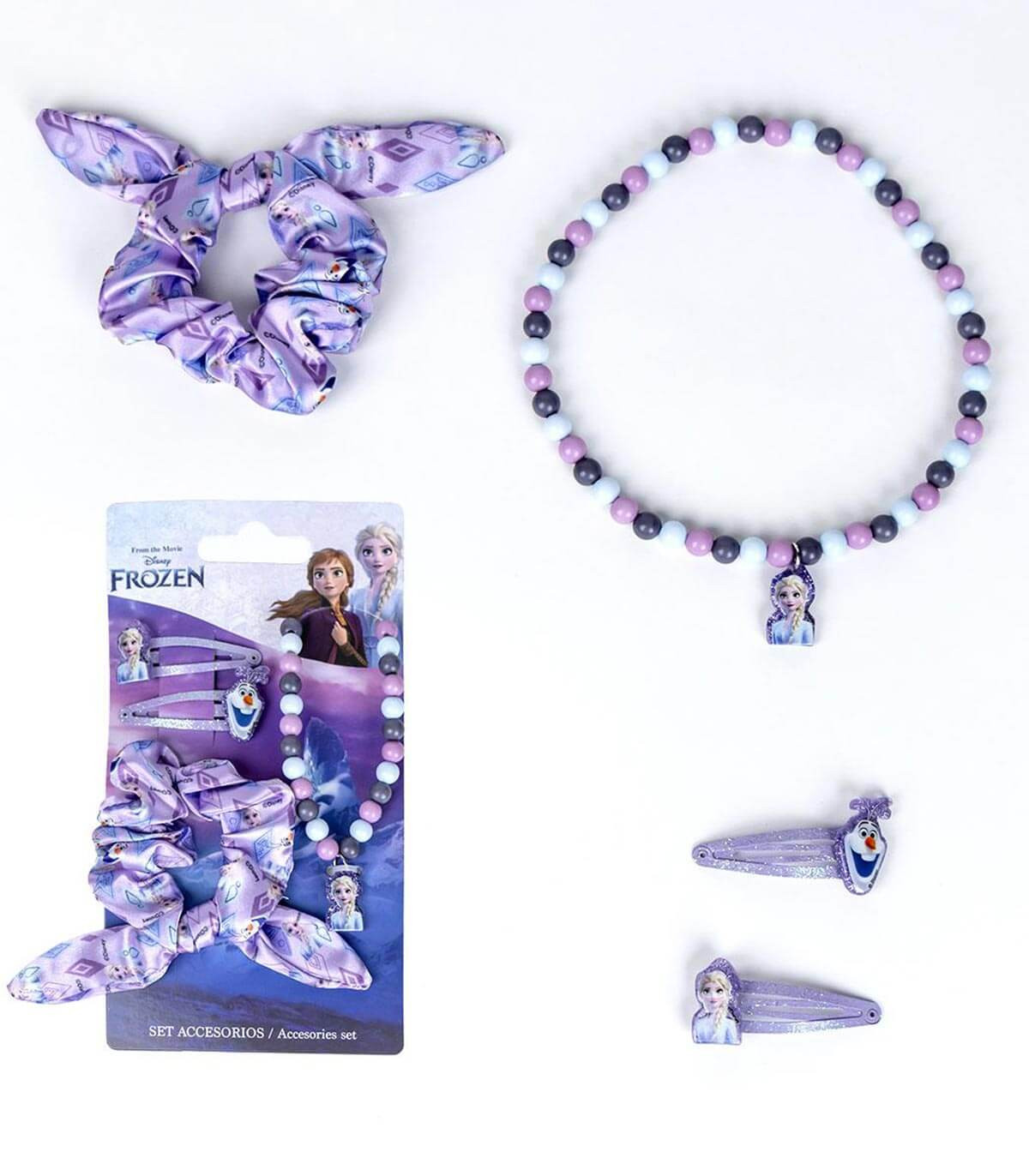 SCRUNCHIE ELASTICS WITH 2 HAIR CLIPS AND FROZEN NECKLACE