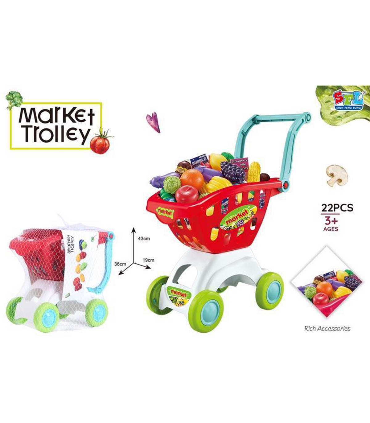 SHOPPING CART WITH GROCERIES, 22 PIECES, IN A NET