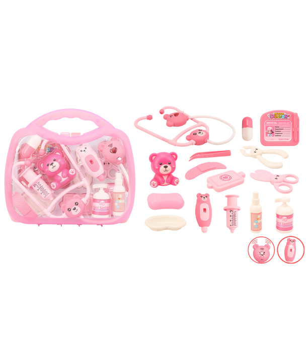 DOCTOR KIT IN A PINK SUITCASE WITH A TEDDY BEAR