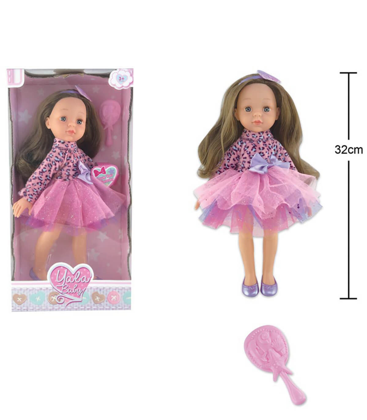 32 CM BRUNETTE DOLL WITH LONG HAIR AND A BRUSH