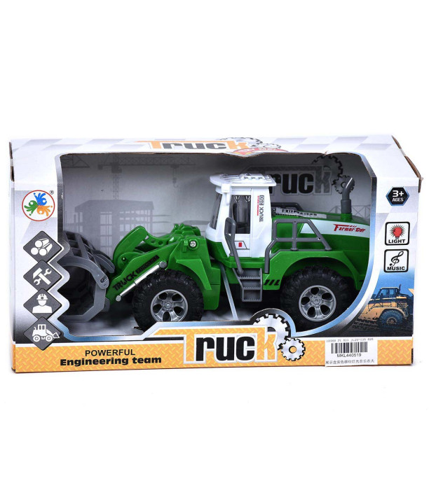 GREEN TRACTOR WITH A RAKE IN AN OPEN BOX
