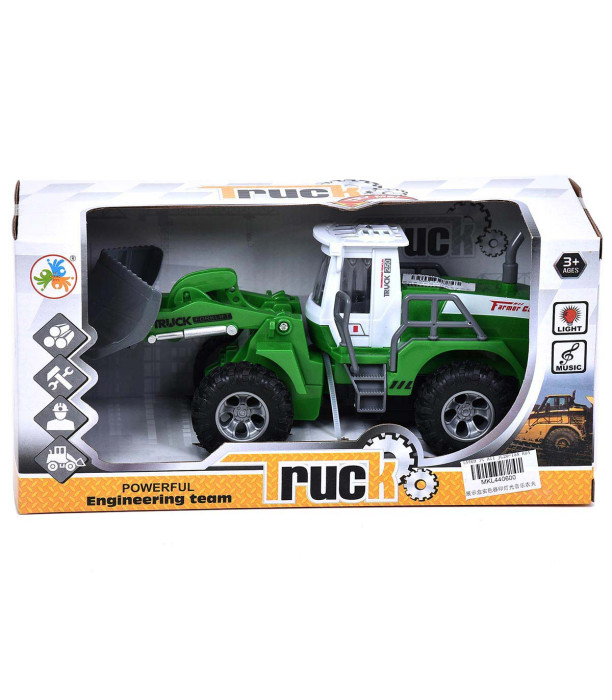 GREEN TRACTOR SNOWPLOW IN AN OPEN BOX