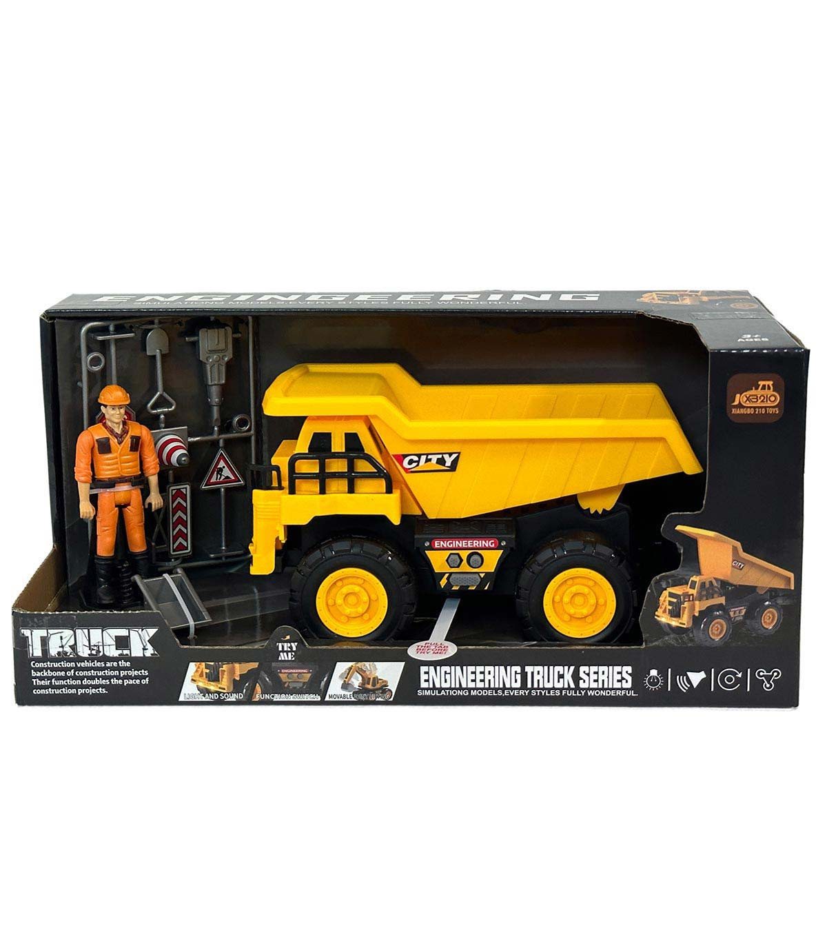 DUMP TRUCK WITH CONSTRUCTION WORKER AND SIGNS IN AN OPEN BOX