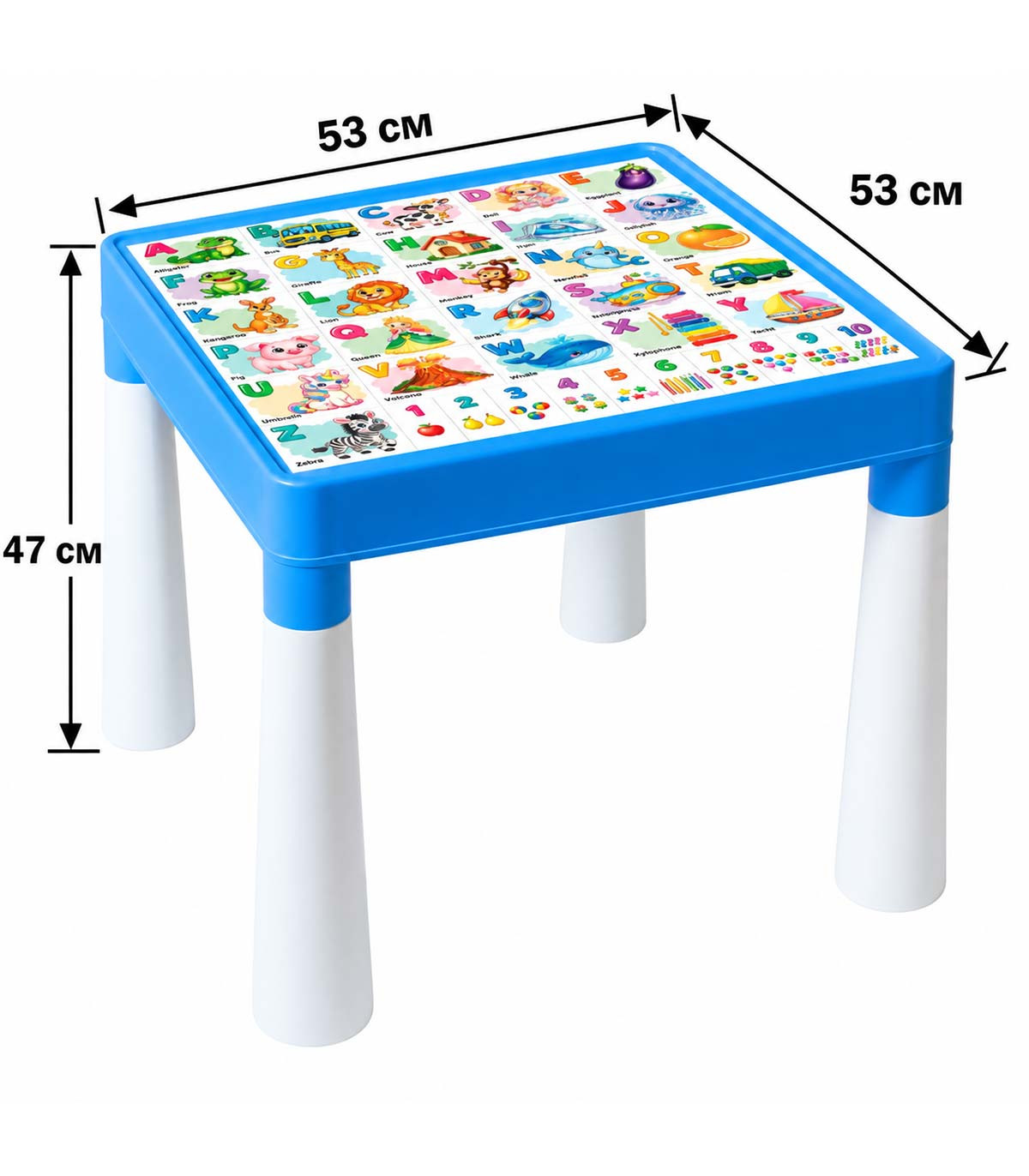 CHILDREN'S TABLE WITH 2 CHAIRS, ENGLISH ALPHABET, BLUE/WHITE