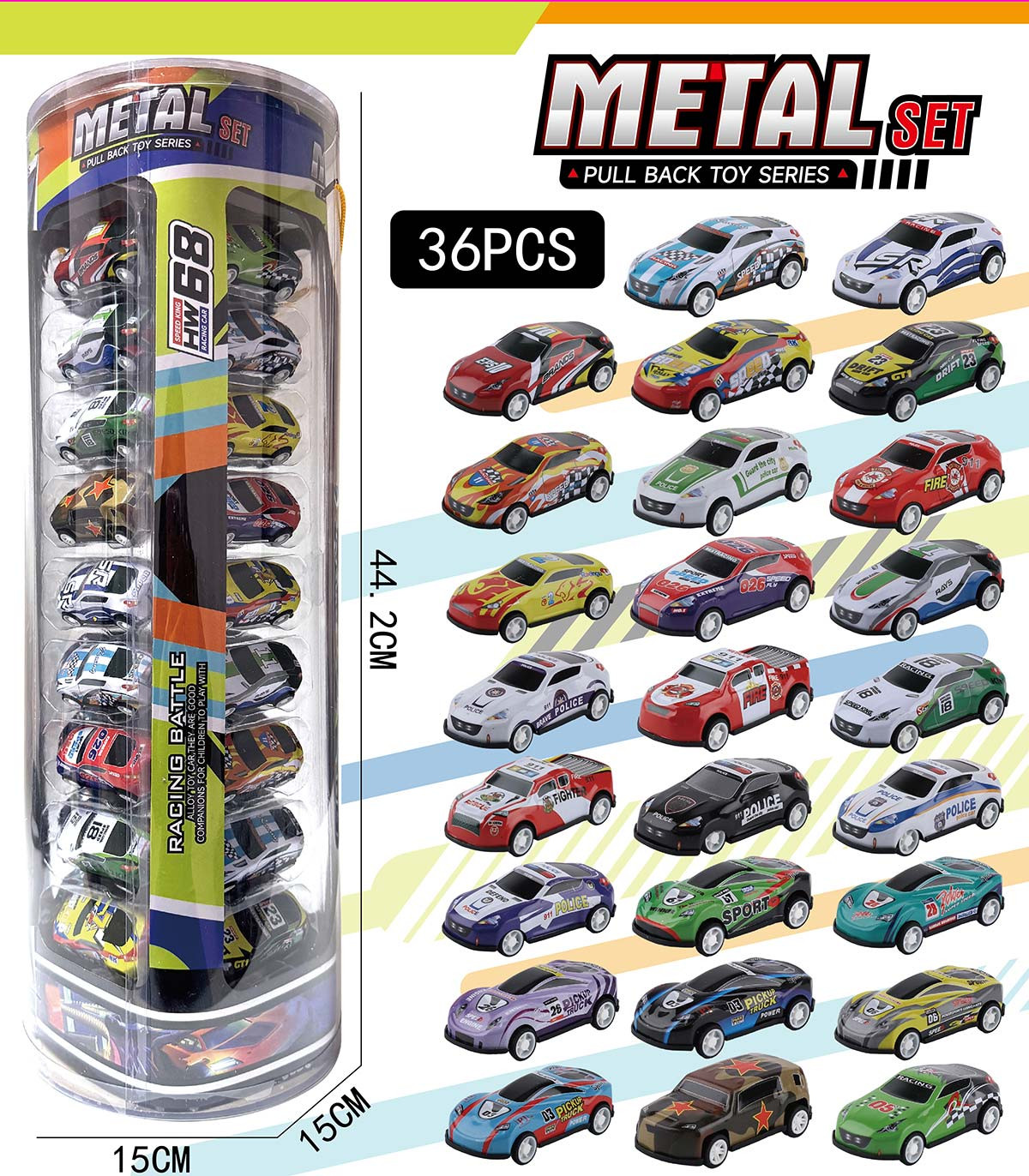 36 METAL CARS IN A TUBE