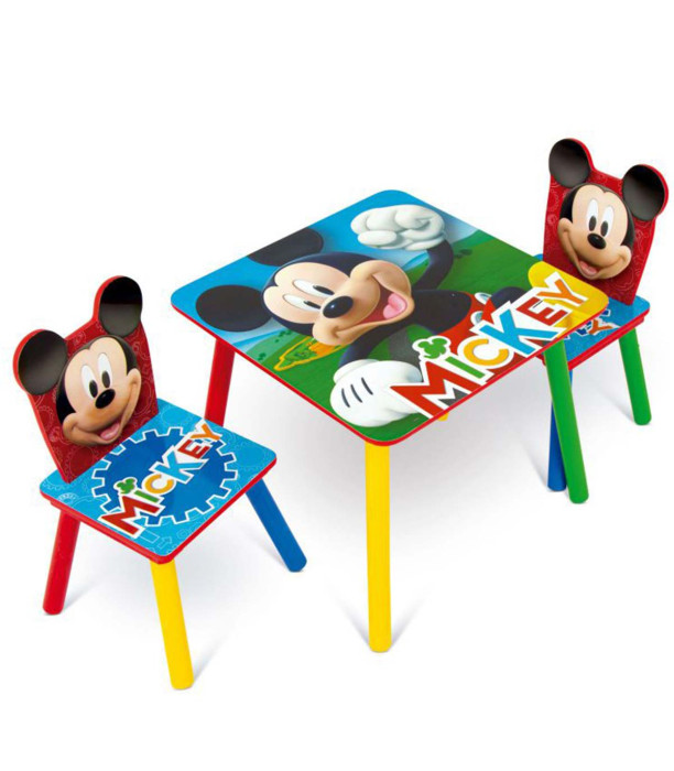 WOODEN TABLE WITH 2 MICKEY CHAIRS