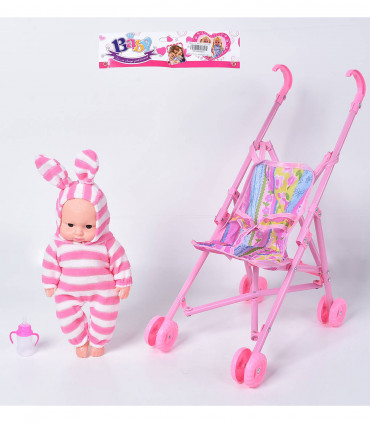 PINK STROLLER AND BABY SET - TROLLEYS AND BEDS FOR DOLLS