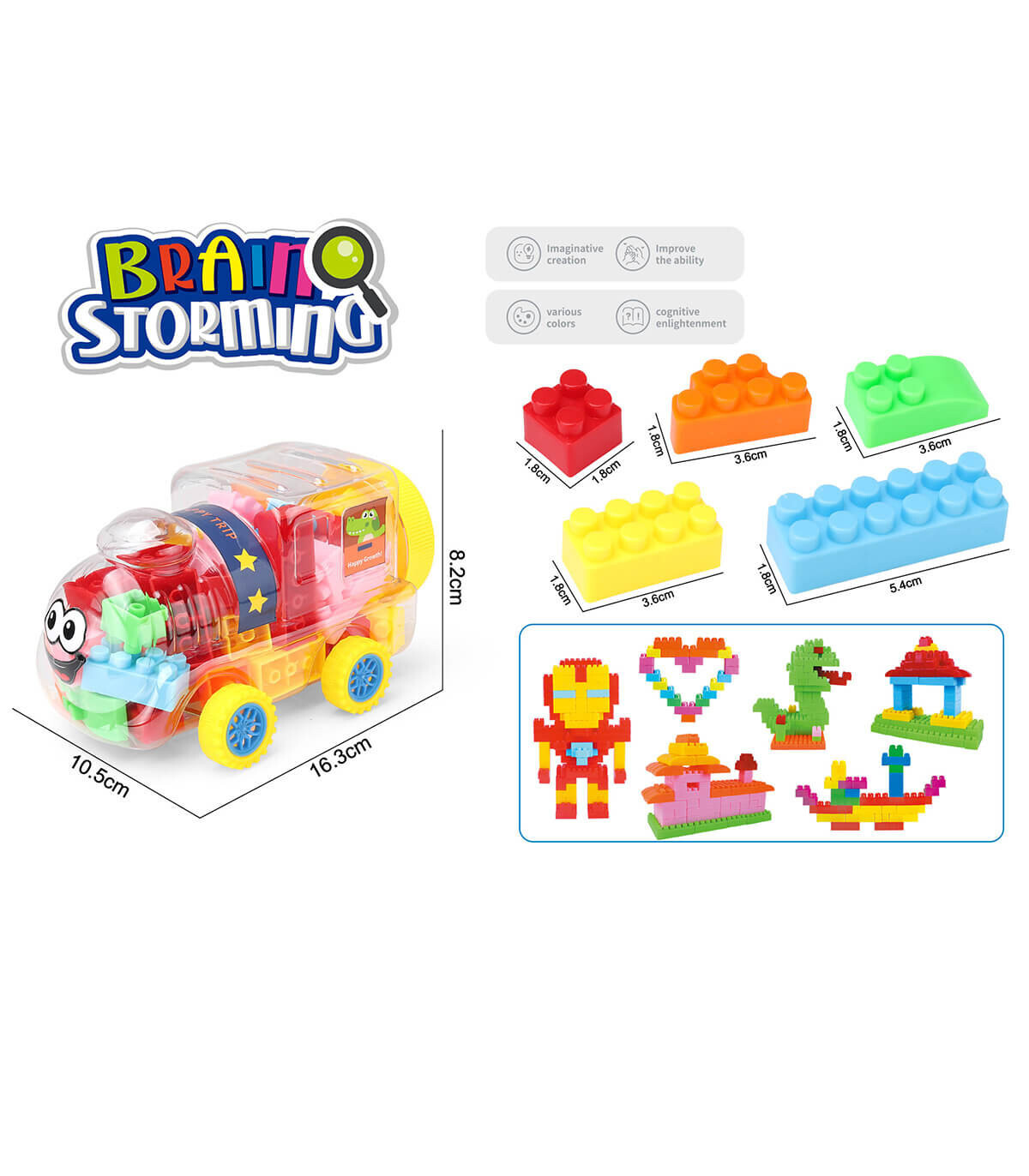 CONSTRUCTION SET 50 PARTS IN TRANSPARENT LOCOMOTIVE - BUILDING BLOCKS, SORTERS AND RINGS