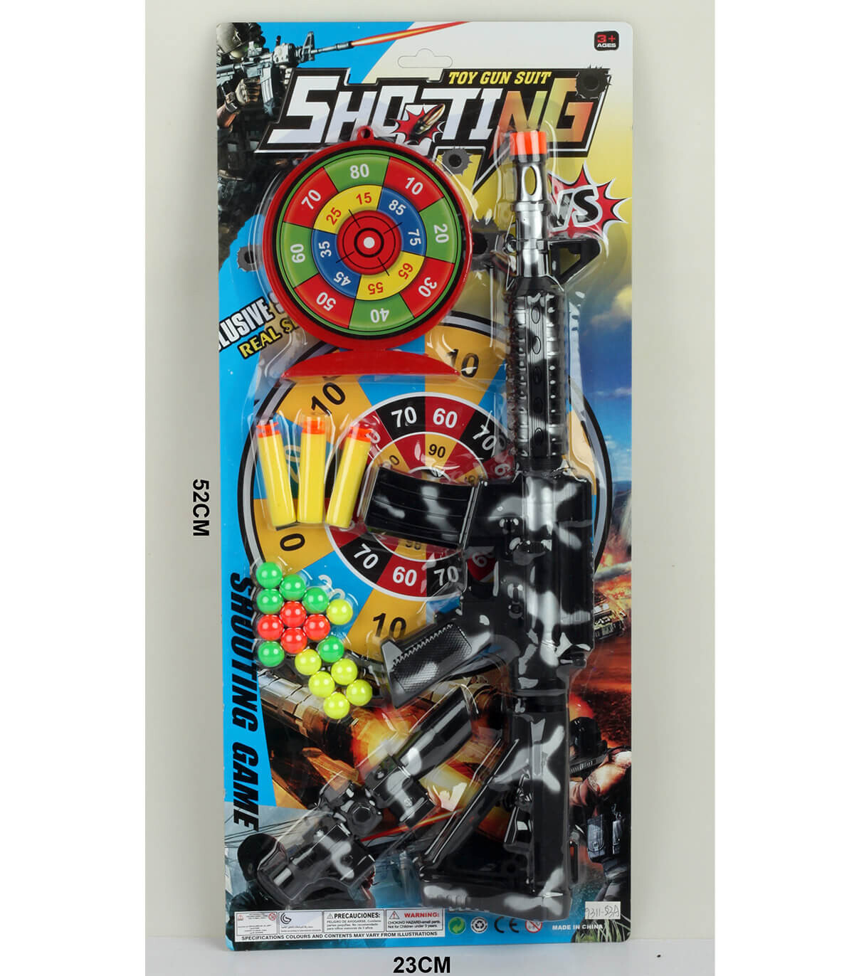 CAMO GUN WITH BALLS, ARROWS AND CARDBOARD TARGET - MACHINES AND RIFLES