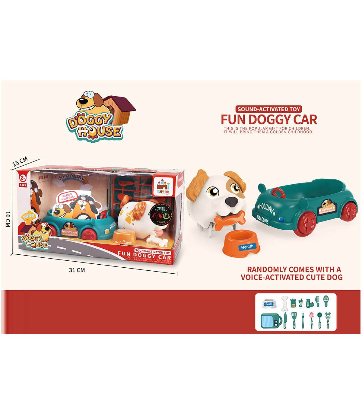 INTERACTIVE DOG WITH VOICE COMMAND AND CAR IN BOX - Musical