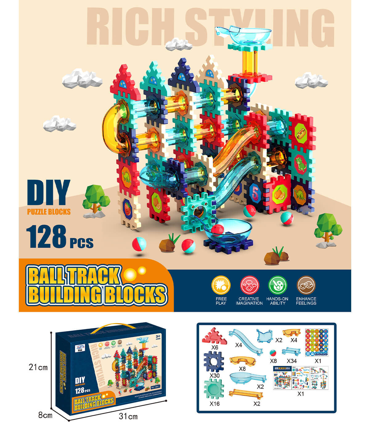 128-PIECE BALL AND SLIDE CONSTRUCTOR - BUILDING BLOCKS, SORTERS AND RINGS
