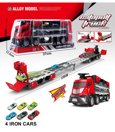 TRANSFORMING TRUCK WITH TRACK AND 4 CARS IN BLISTER - Trucks and cargo