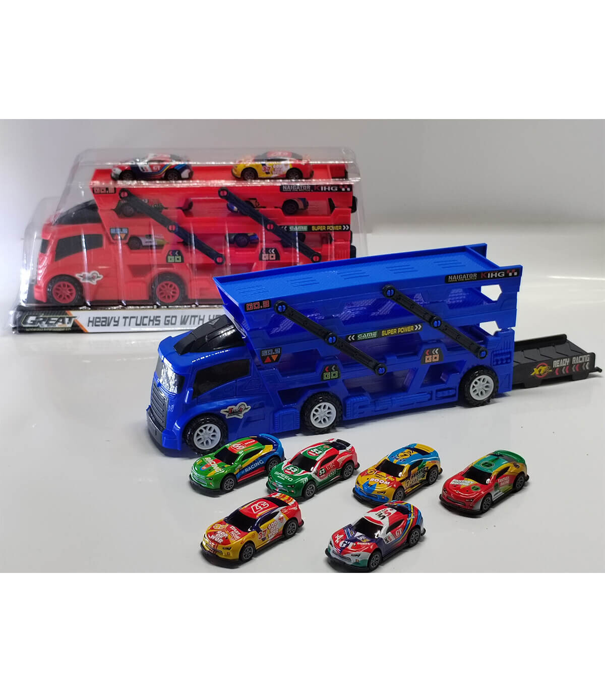 CHILDREN'S THREE-TIER TRANSFORMING CAR CARRIER WITH 6 CARS IN BLISTER - Trucks and cargo