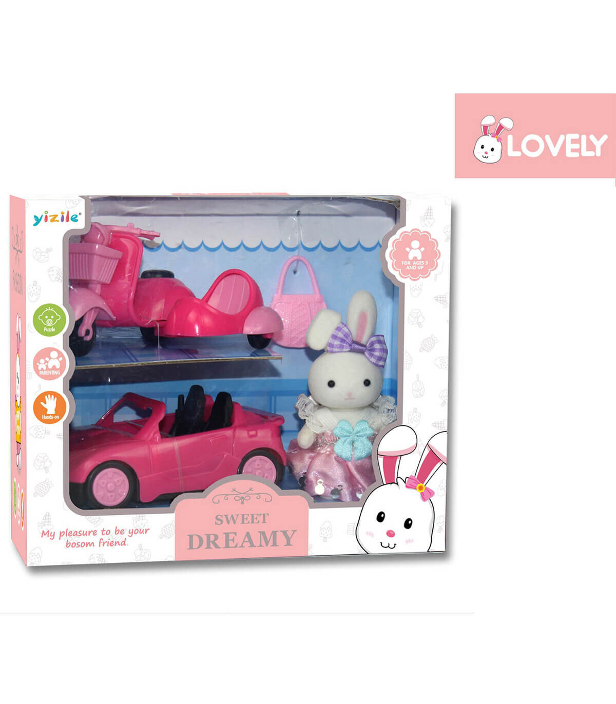 CHILDREN'S CABRIOLET CAR WITH SCOOTER AND RABBIT IN BOX - DOLLS AND MERMAIDS