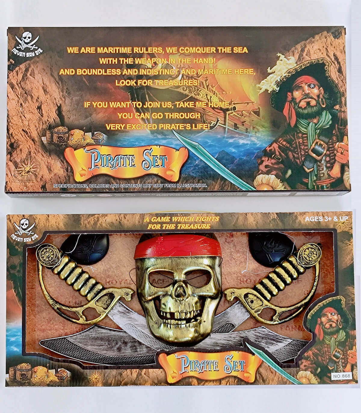 CHILDREN'S PIRATE SET IN A BOX - SABERS, SWORDS AND BOWS