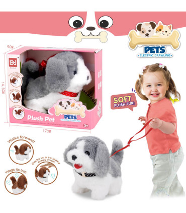 PLUSH WALKING DOG WITH SOUND AND LEASH IN BOX, GRAY - Small
