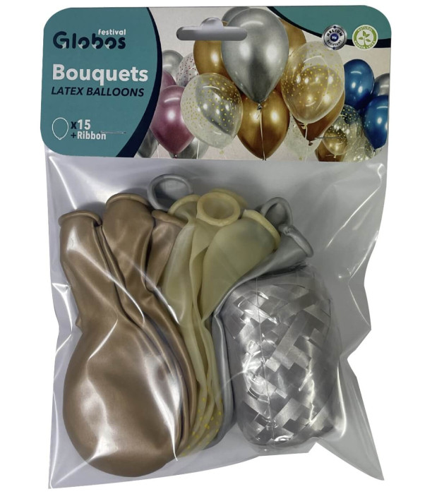 BALLOONS 15 PCS. 12\\" - 30 CM CHROME GOLD/SILVER/DOTS + RIBBON 15 M - Chromium