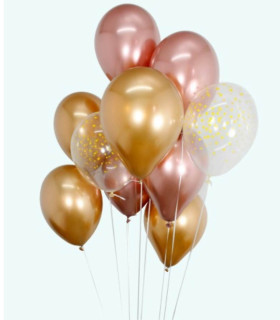 BALLOONS 15 PCS. 12\\" - 30 CM CHROME GOLD/PINK GOLD/DOTS + RIBBON 15 M - Chromium