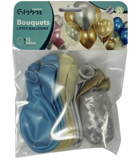 BALLOONS 15 PCS. 12\\" - 30 CM CHROME GOLD/SILVER/BLUE/DOTS + RIBBON 15 M - Chromium