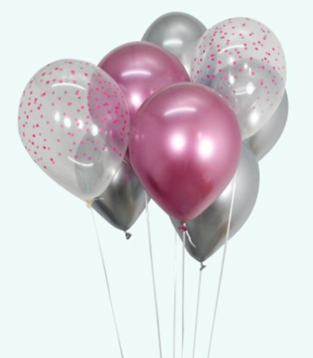 BALLOONS 15 PCS. 12\\" - 30 CM CHROME PINK/SILVER/DOTS + RIBBON 15 M - Chromium