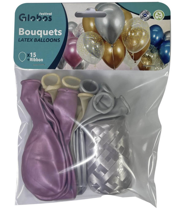BALLOONS 15 PCS. 12\\" - 30 CM CHROME PINK/SILVER/DOTS + RIBBON 15 M - Chromium