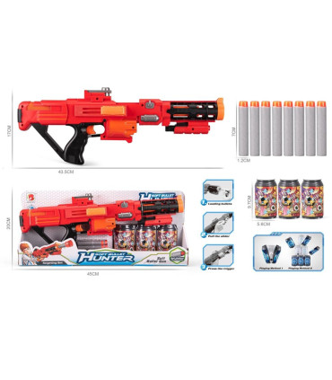 CHILDREN'S GUN WITH SOFT BULLETS AND CANS IN OPEN BOX - MACHINES AND RIFLES