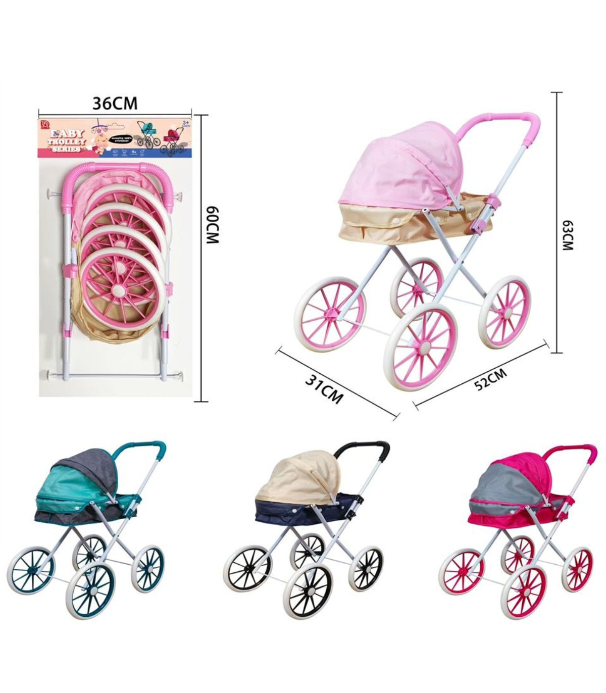 METAL WINTER DOLL CART WITH LARGE WHEELS 63 CM 4 COLORS - TROLLEYS AND BEDS FOR DOLLS