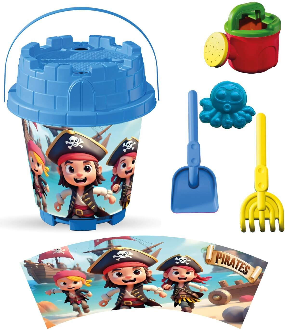 MEDIUM SAND BUCKET 5 PARTS + WATERING CAN, WITH PICTURES, 8 TYPES - FOR SAND