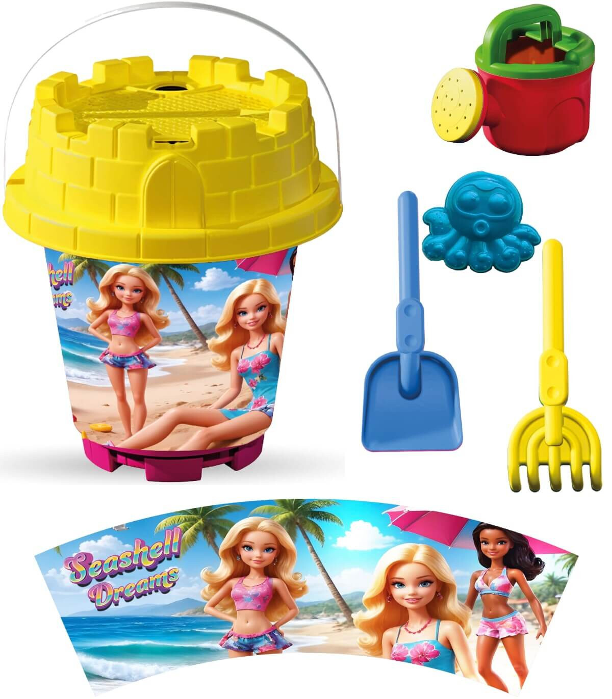 MEDIUM SAND BUCKET 5 PARTS + WATERING CAN, WITH PICTURES, 8 TYPES - FOR SAND
