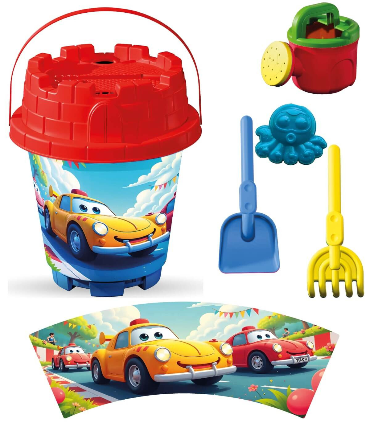 BIG SAND BUCKET 5 PIECES + WATERING CAN, WITH PICTURES, 6 TYPES - FOR SAND