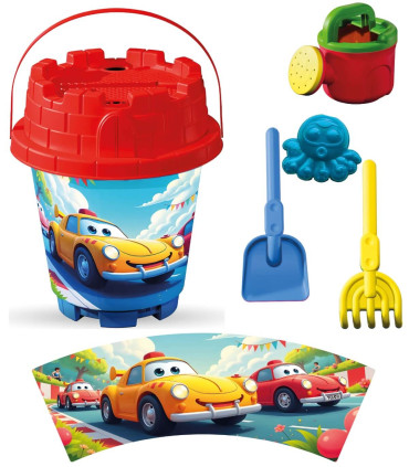 BIG SAND BUCKET 5 PIECES + WATERING CAN, WITH PICTURES, 6 TYPES - FOR SAND