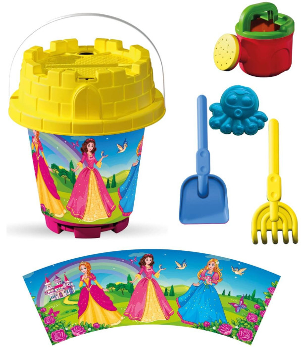 BIG SAND BUCKET 5 PIECES + WATERING CAN, WITH PICTURES, 6 TYPES - FOR SAND