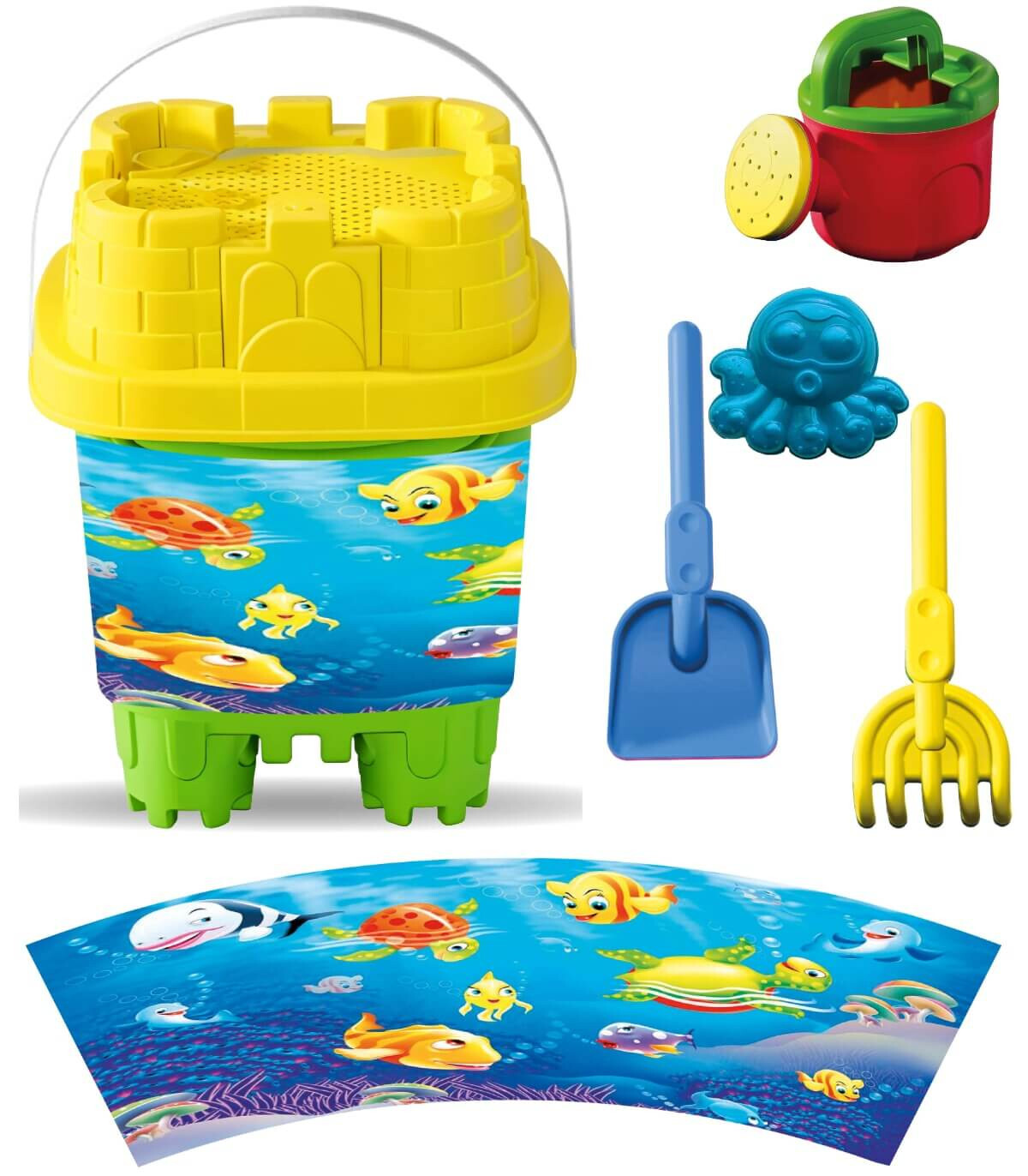 Square Sand Bucket 5 Parts + Watering Can, with Pictures, 6 Types - FOR SAND
