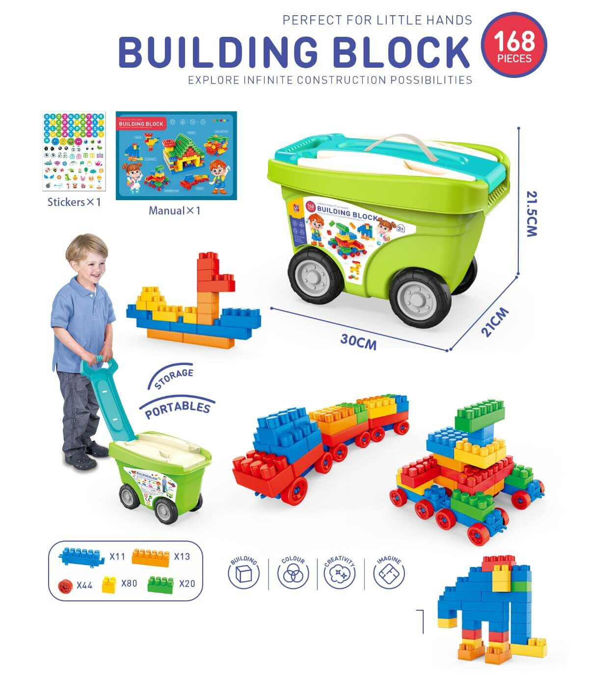 CHILDREN'S CONSTRUCTOR IN GREEN CART 168 PIECES - BUILDING BLOCKS