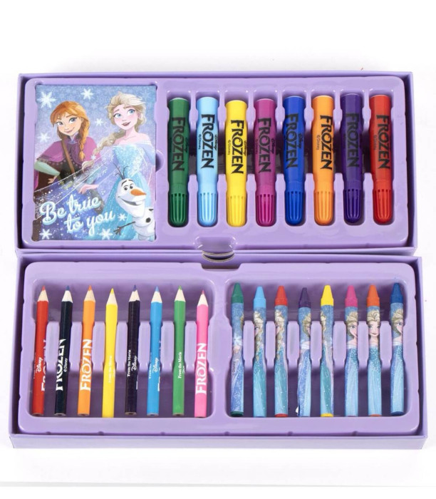 THREE-TIERED CASE WITH PENCILS, MARKERS, AND FROZEN PAINTS