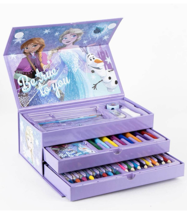 THREE-TIERED CASE WITH PENCILS, MARKERS, AND FROZEN PAINTS