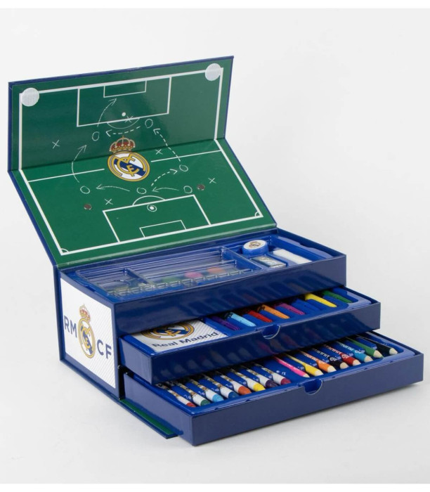 THREE-TIERED CASE WITH PENCILS, MARKERS, AND PAINTS REAL MADRID Cerda