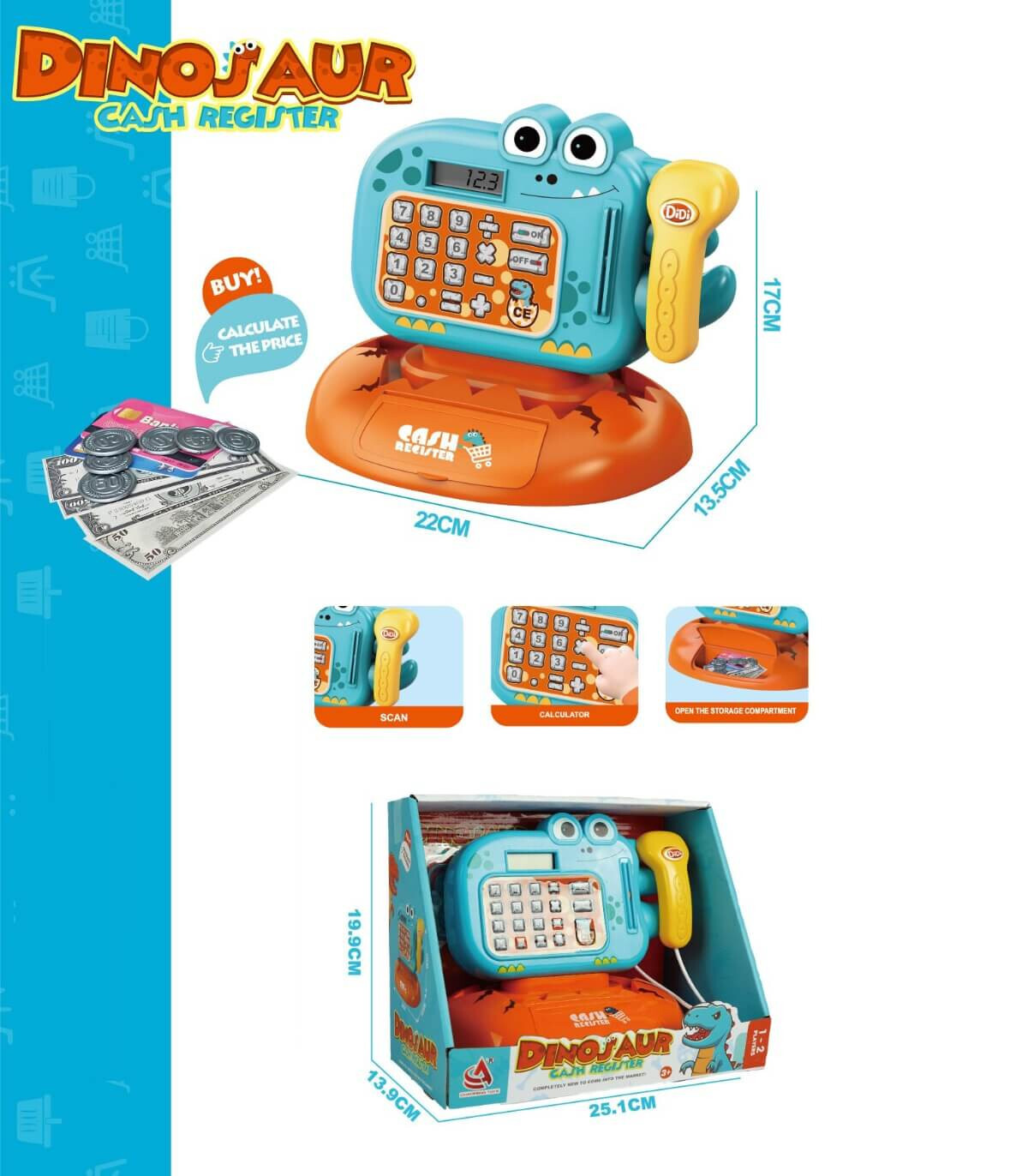 CHILDREN'S CASH REGISTER WITH CALCULATOR DINO Armtoys