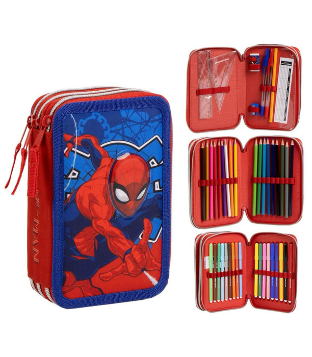 SPIDERMAN PENCIL CASE WITH 3 ZIPPERS AND STUDENT SUPPLIES