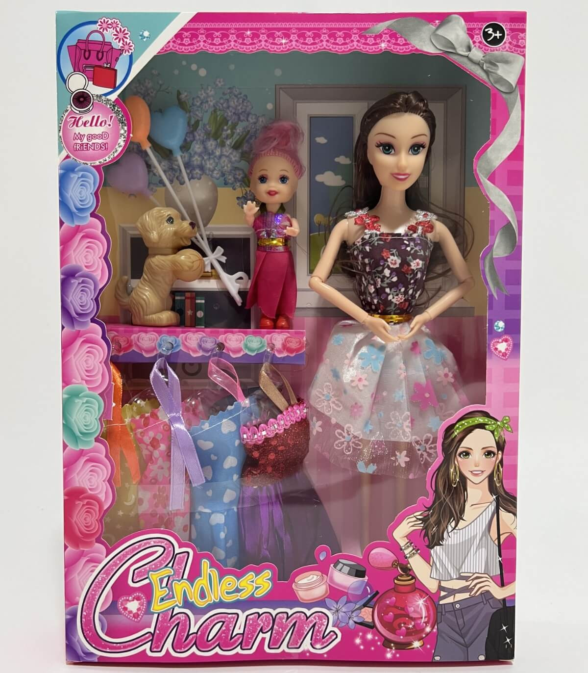 DOLL WITH A CHILD, DOG, AND CLOTHES IN A BOX Armtoys