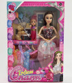 DOLL WITH A CHILD, DOG, AND CLOTHES IN A BOX