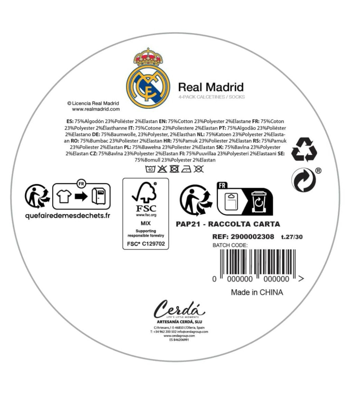 CHILDREN'S SOCKS 4 PAIRS IN A JAR 27-38 REAL MADRID Cerda